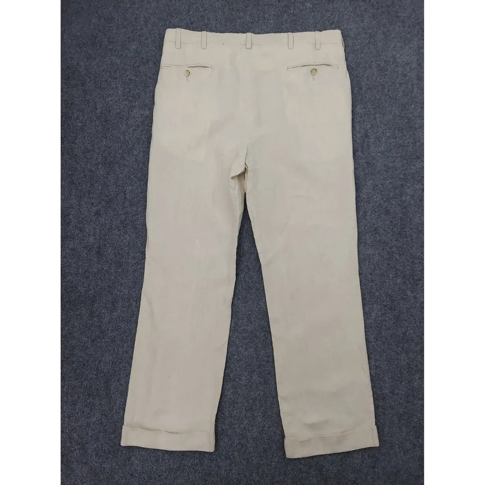 J Press Linen Pants 38x30 Beige Flat Front Cuffed Designer Dress Beach Wedding